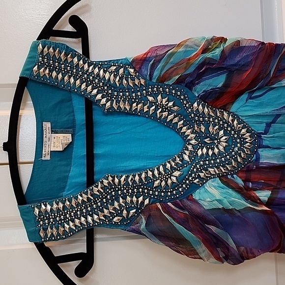 Alberto Makali blue tie dye Print Beaded embroidered Sleeveless chiffon Dress M - Picture 13 of 13